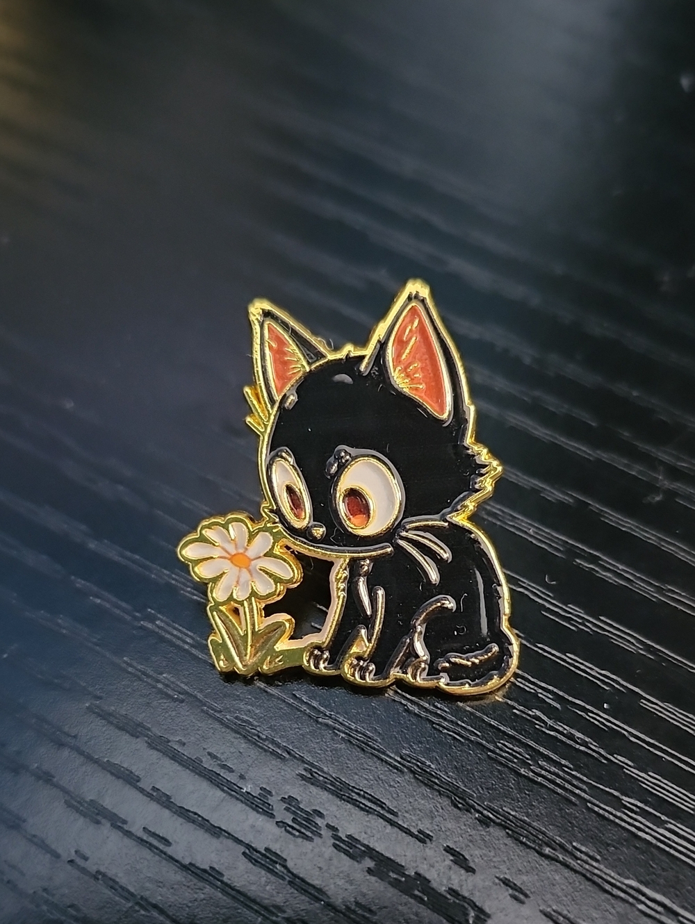 Black Cat Enamel Pin with Daisy Flower